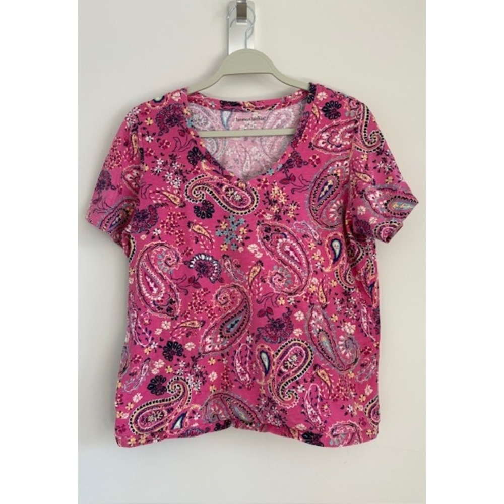Woman Within Pink Paisley Floral V-Neck Short Sleeve T-Shirt Size 12 S Womens